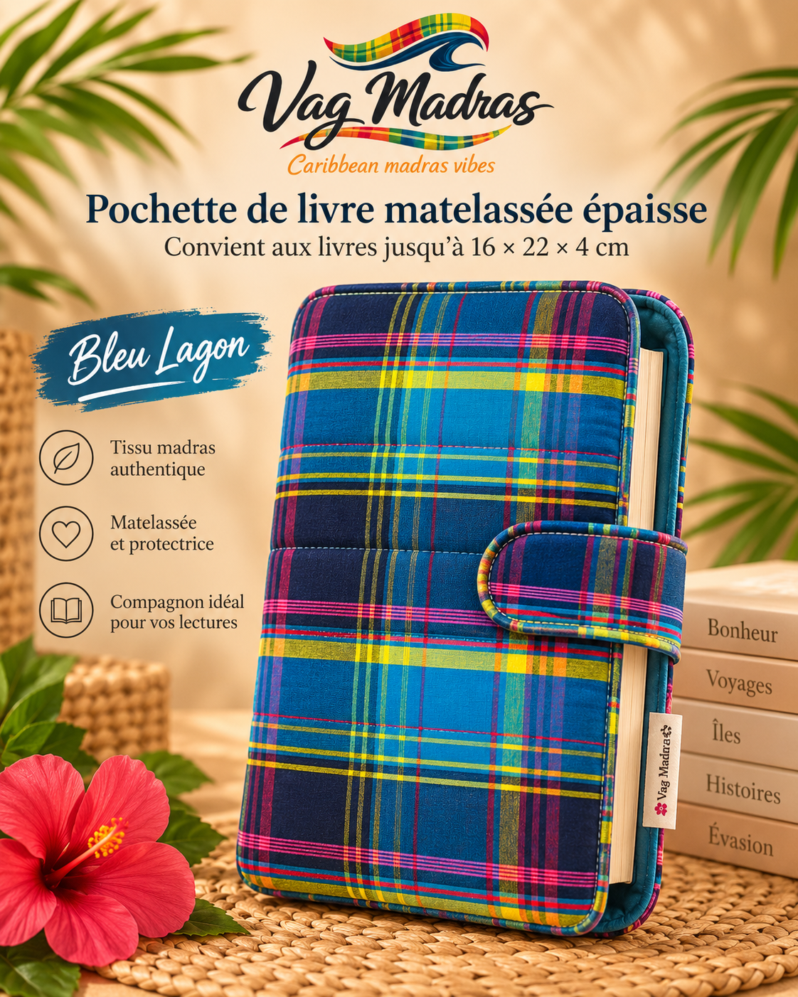 Pochette de livre matelassée Vag Madras – Bleu Lagon – ouverture à droite, visuel illustratif.