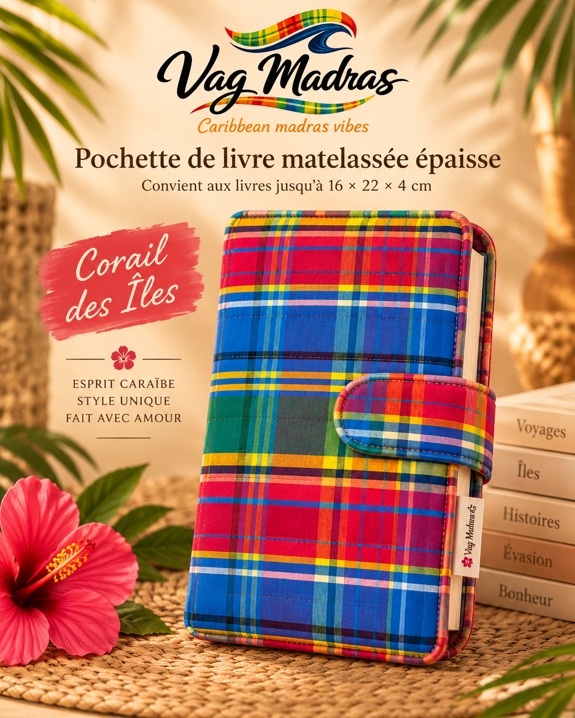 Pochette de livre matelassée Vag Madras – Corail des Îles – ouverture à droite, visuel illustratif.