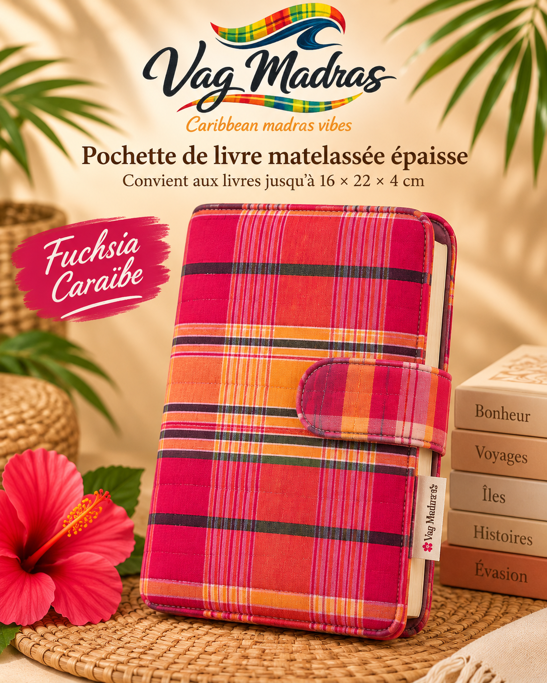 Pochette de livre matelassée Vag Madras – Fuchsia Caraïbe – ouverture à droite, visuel illustratif.