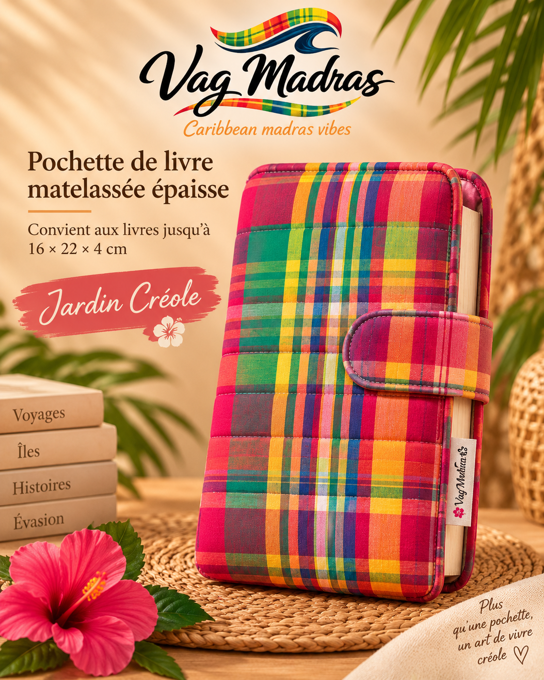 Pochette de livre matelassée Vag Madras – Jardin Créole – ouverture à droite, visuel illustratif.