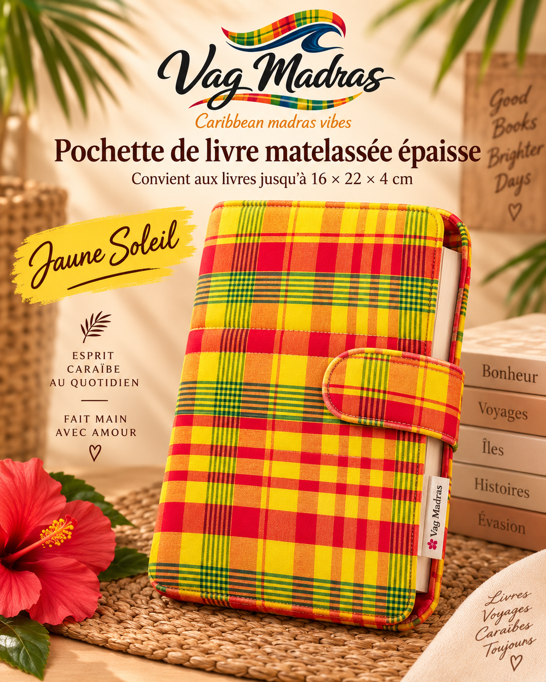 Pochette de livre matelassée Vag Madras – Jaune Soleil – ouverture à droite, visuel illustratif.