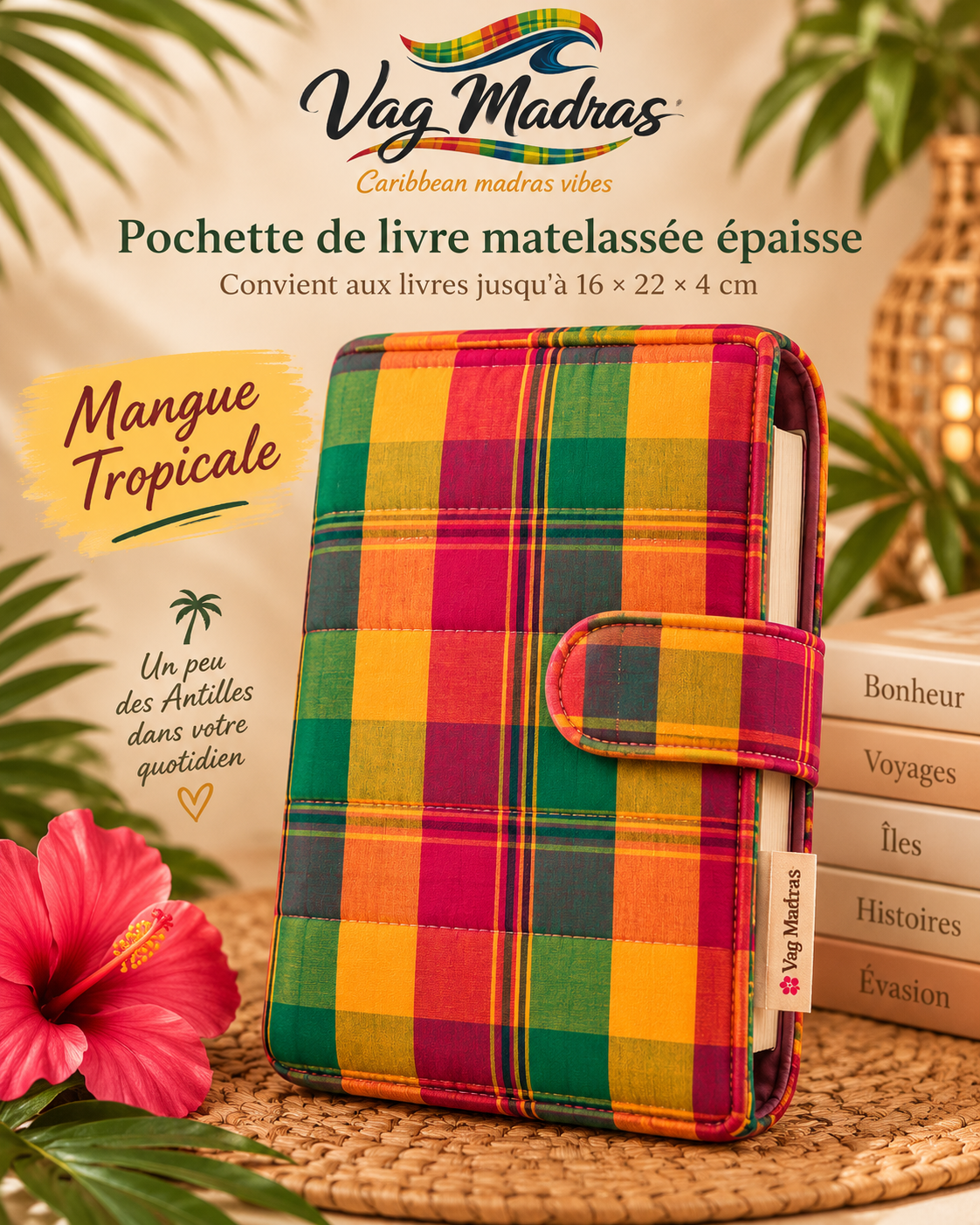 Pochette de livre matelassée Vag Madras – Mangue Tropicale – ouverture à droite, visuel illustratif.