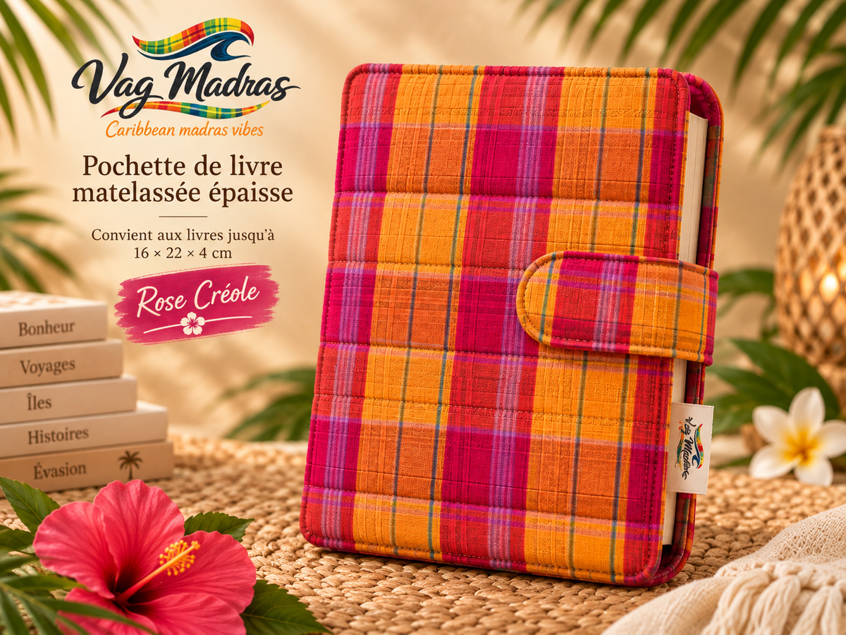 Pochette de livre matelassée épaisse Vag Madras – Rose Créole, tissu orange et fuchsia, ouverture latérale à droite et logo Vag Madras – visuel illustratif.
