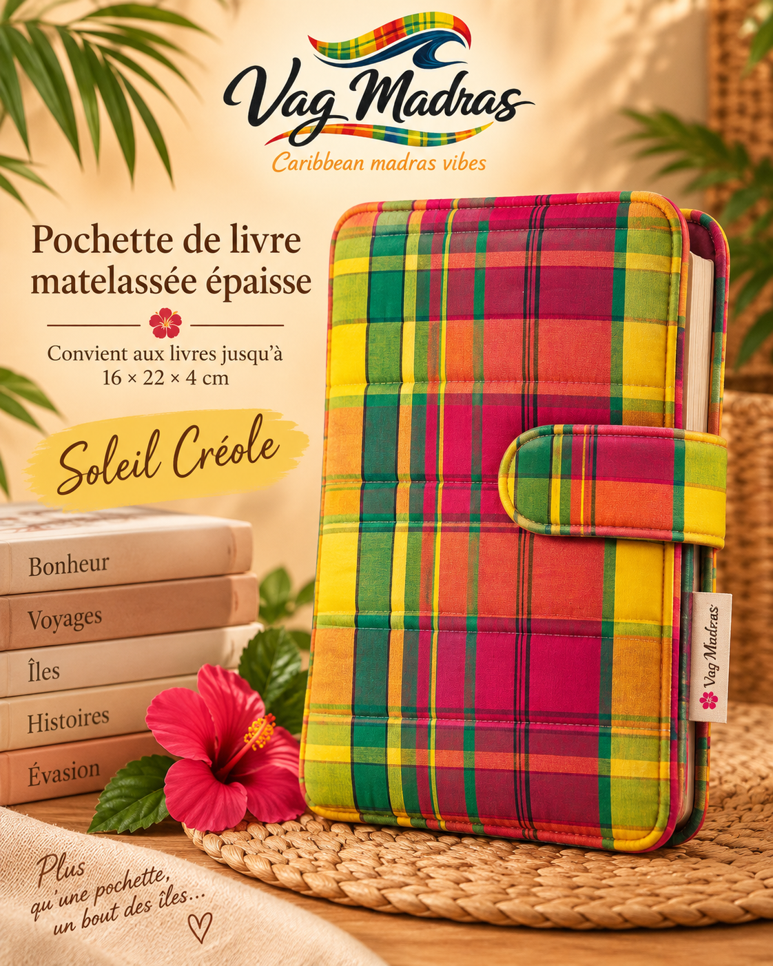Pochette de livre matelassée Vag Madras – Soleil Créole – ouverture à droite, visuel illustratif.