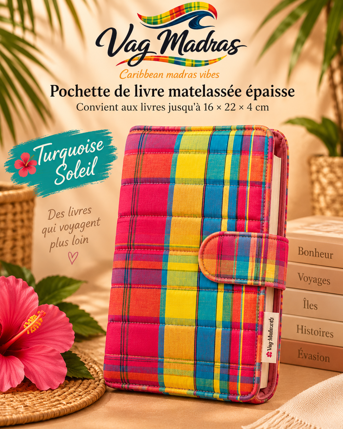 Pochette de livre matelassée Vag Madras – Turquoise Soleil – ouverture à droite, visuel illustratif.