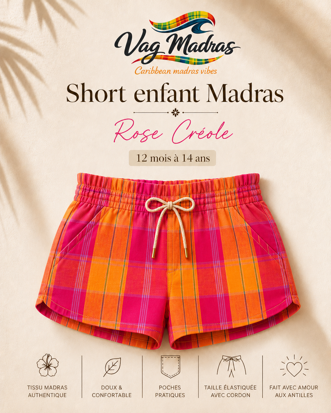 Short enfant madras Rose Créole – fait main