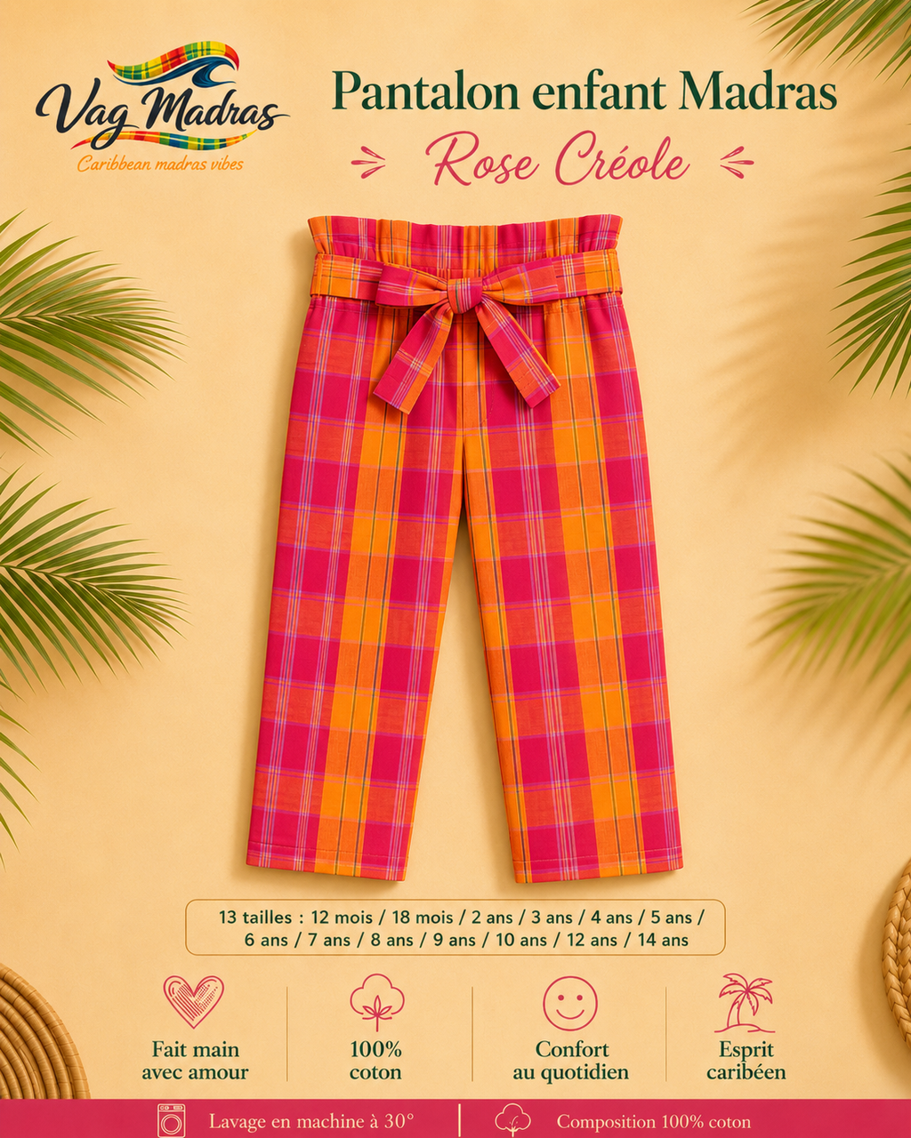 Pantalon enfant madras – Taille élastique – fait main
