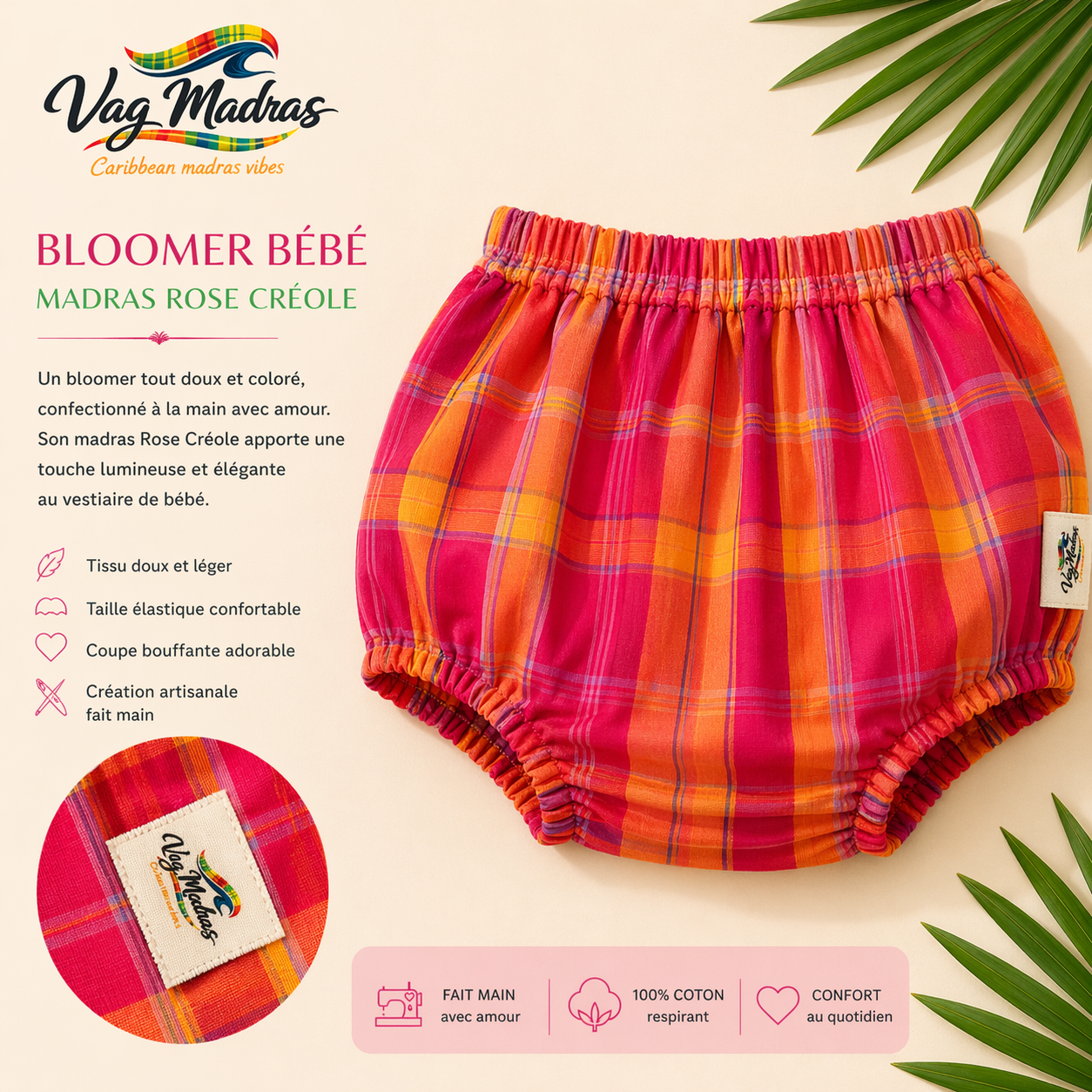 Bloomer bébé bleu rose créole – fait main