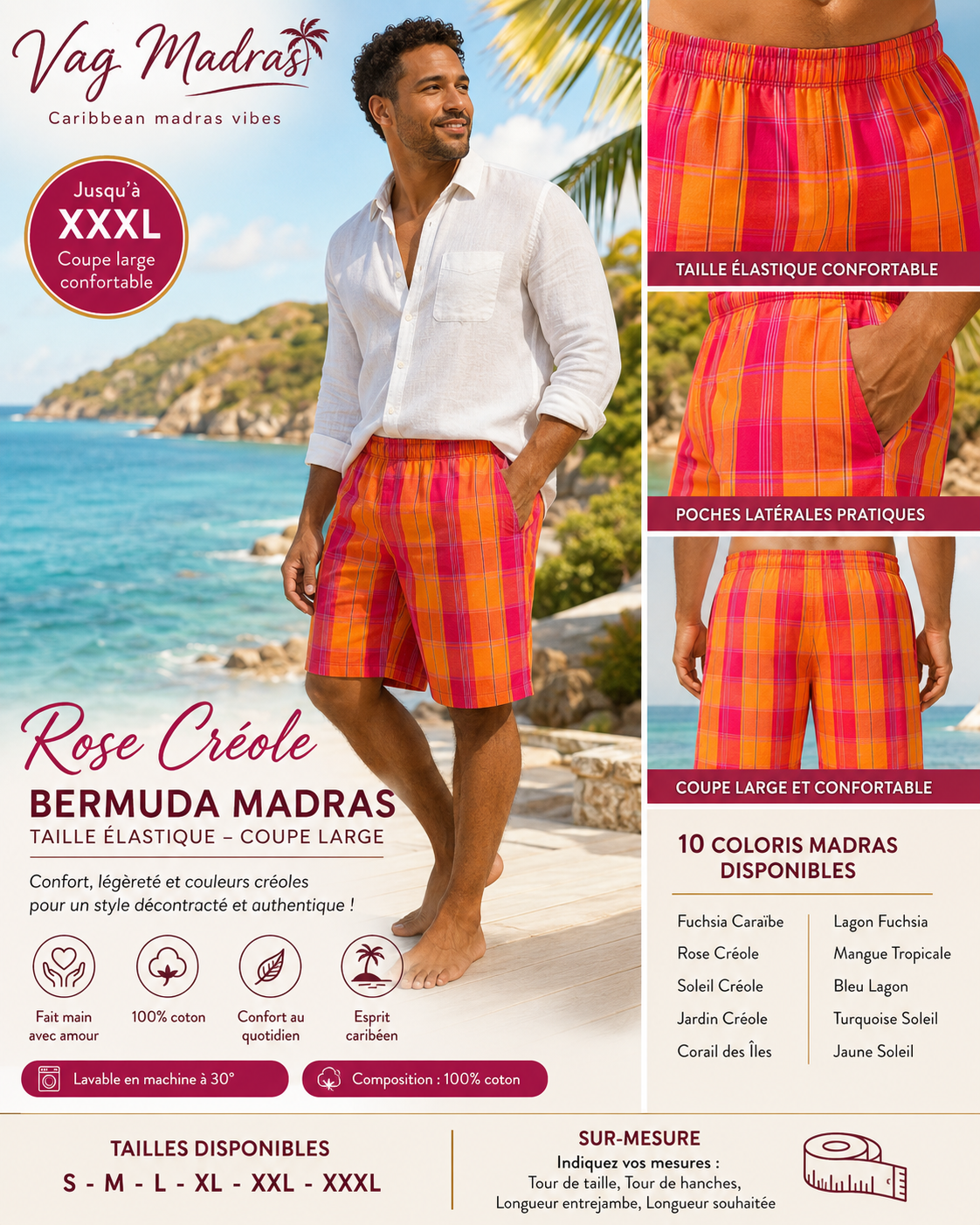 Bermuda Madras Homme/Femme – Taille élastique – Coupe large