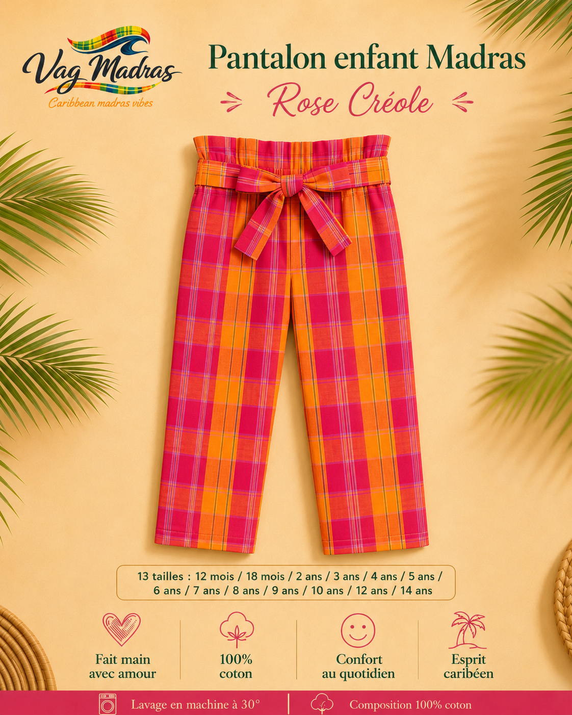 Pantalon enfant madras Rose Créole – fait main