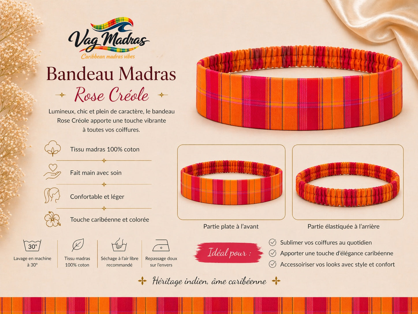 Bandeau Madras Rose Créole – fait main