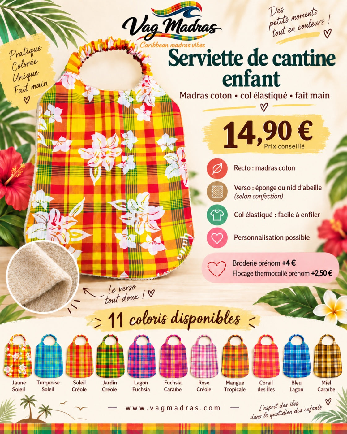 Serviette de cantine enfant en madras Jaune Soleil fleuri – affiche Vag Madras