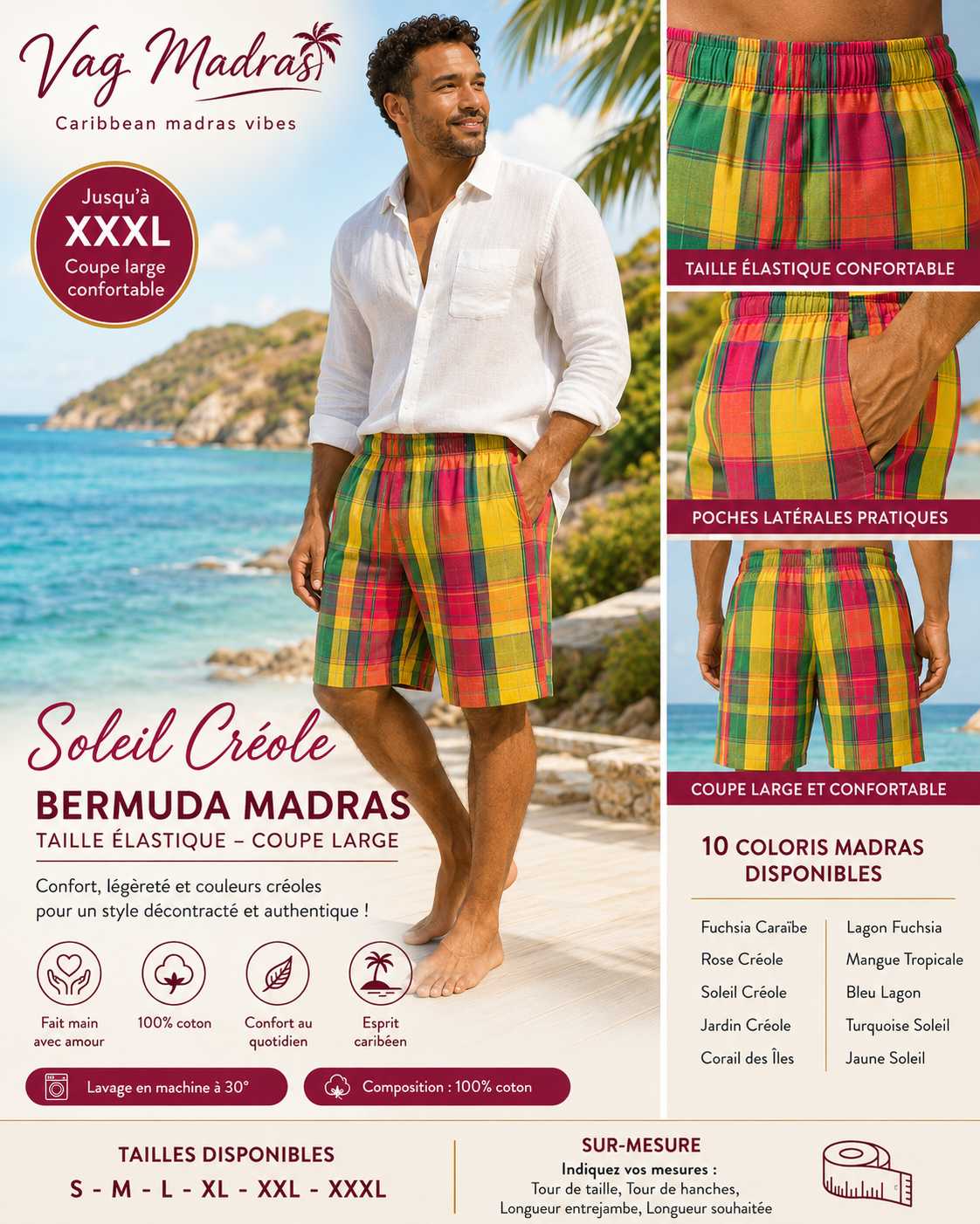 Bermuda Madras Homme/Femme – Taille élastique – Coupe large