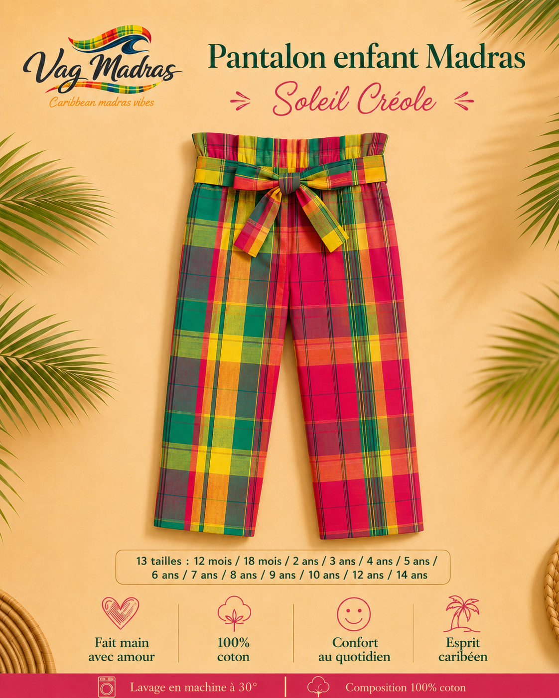 Pantalon enfant madras Soleil Créole – fait main