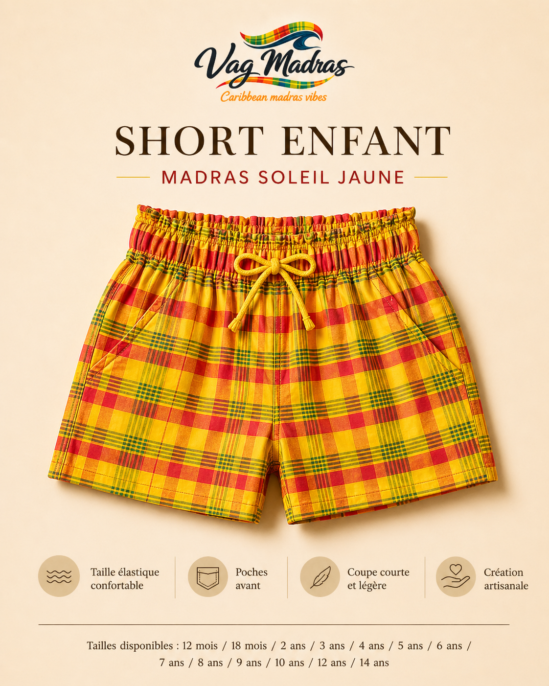Short enfant madras Soleil Jaune – fait main