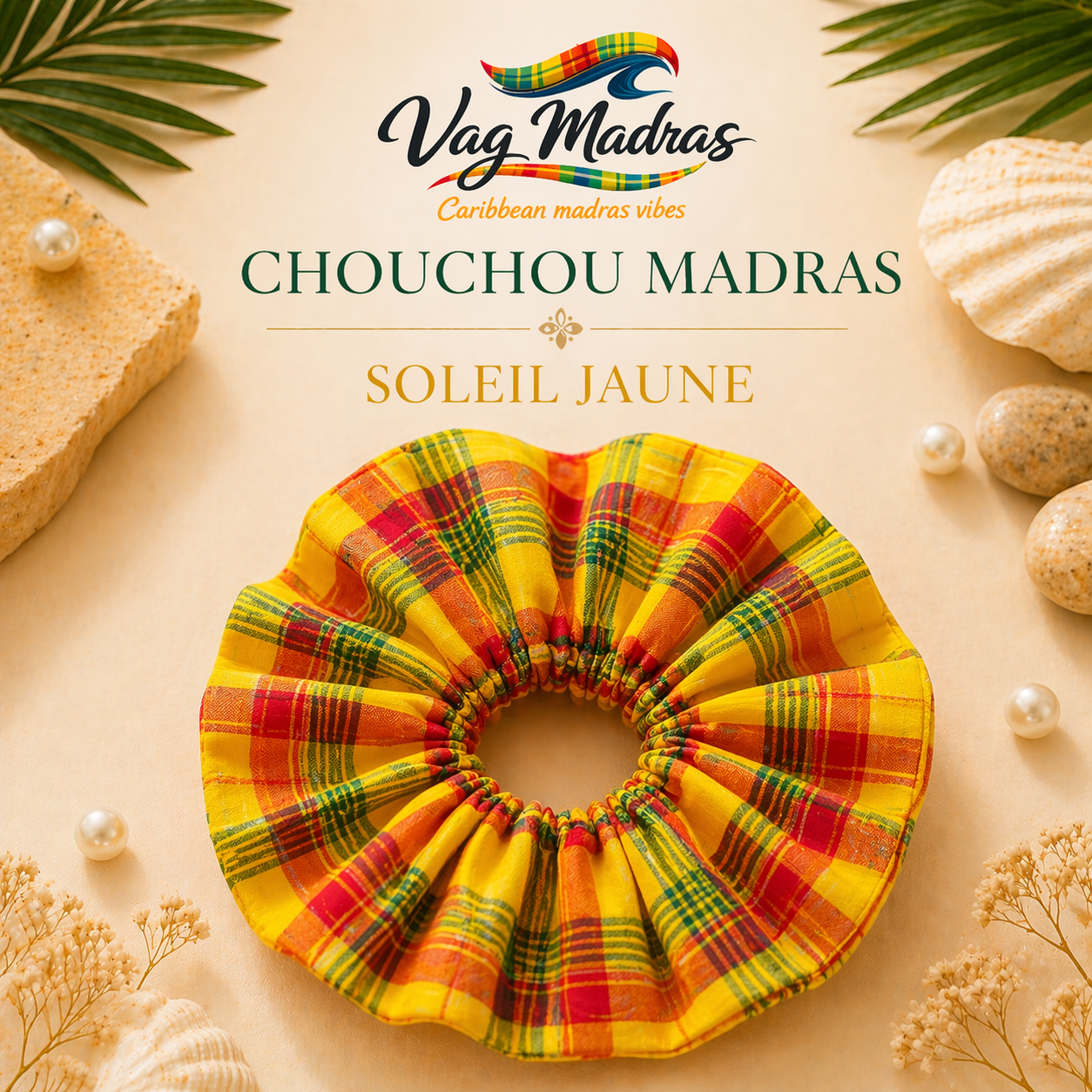 Chouchou Madras Soleil Jaune – fait main