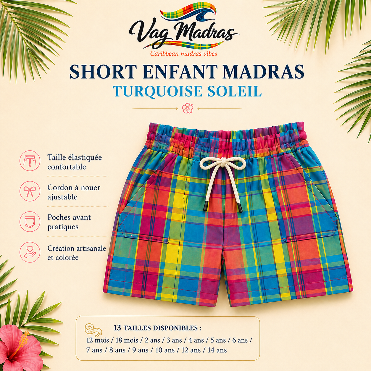 Short fille madras – Taille élastique – fait main
