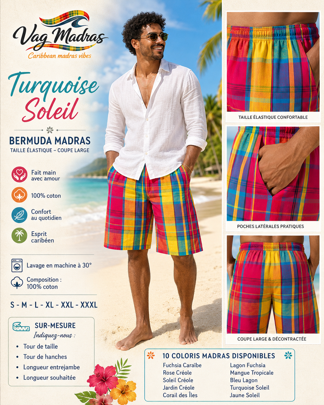 Bermuda Madras Homme/Femme – Taille élastique – Coupe large