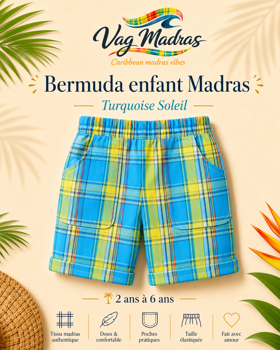 Bermuda garçon madras Turquoise Soleil – fait main