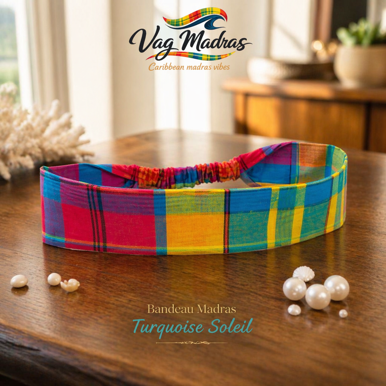 Bandeau Madras Turquoise Soleil – fait main