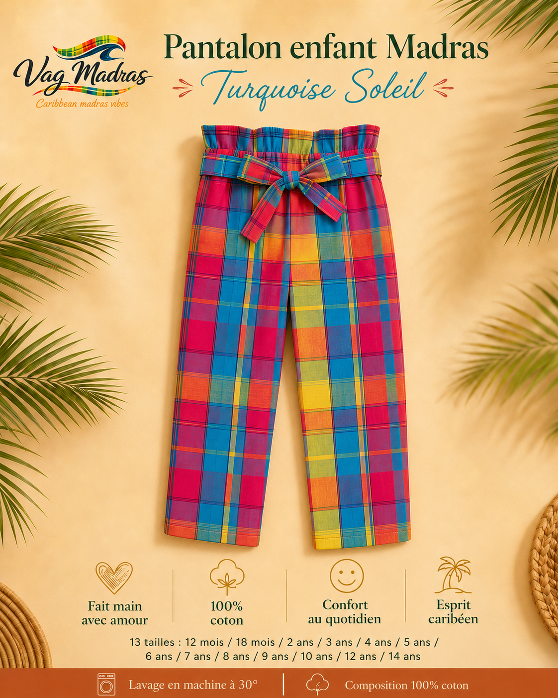Pantalon enfant madras Turquoise Soleil – fait main