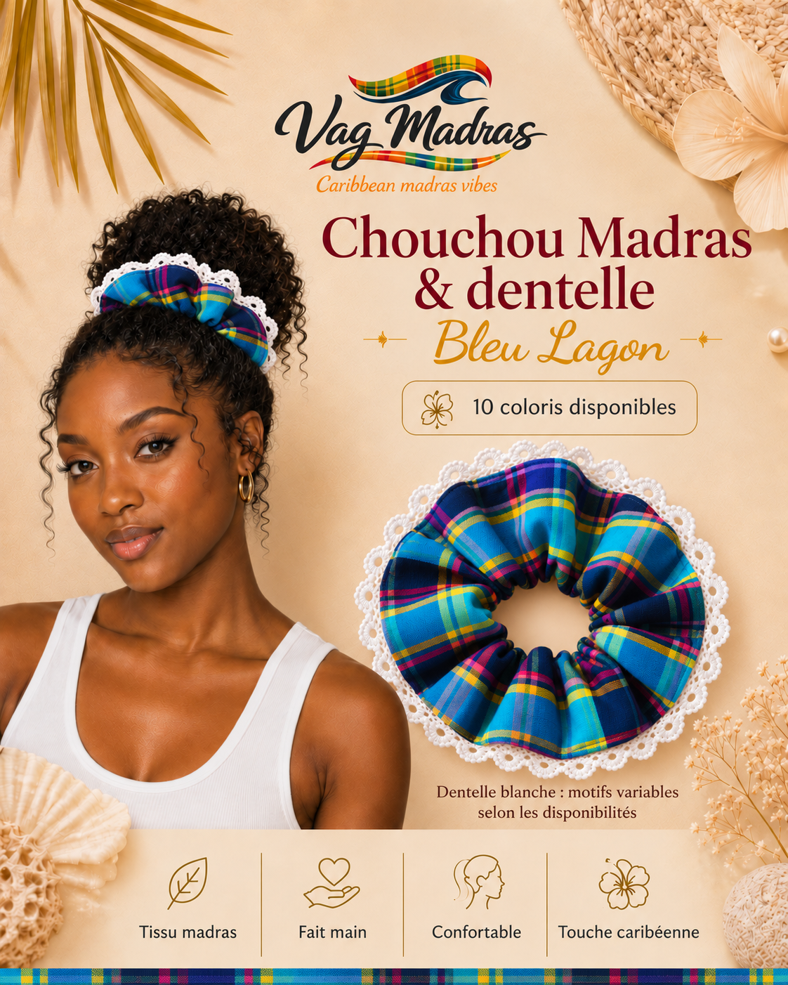 Chouchou madras et dentelle blanche Bleu Lagon – Vag Madras