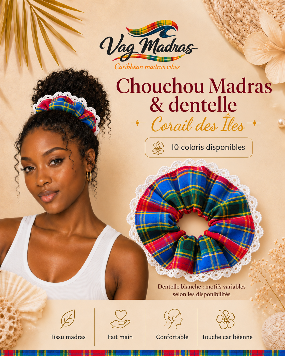 Chouchou madras et dentelle blanche Corail des Îles – Vag Madras