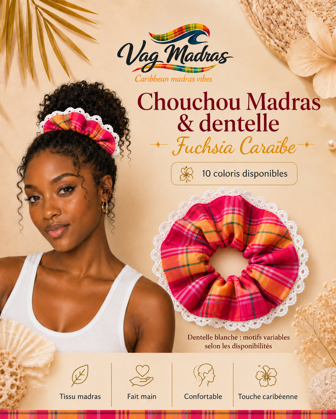 Chouchou madras et dentelle blanche Fuchsia Caraïbe – Vag Madras