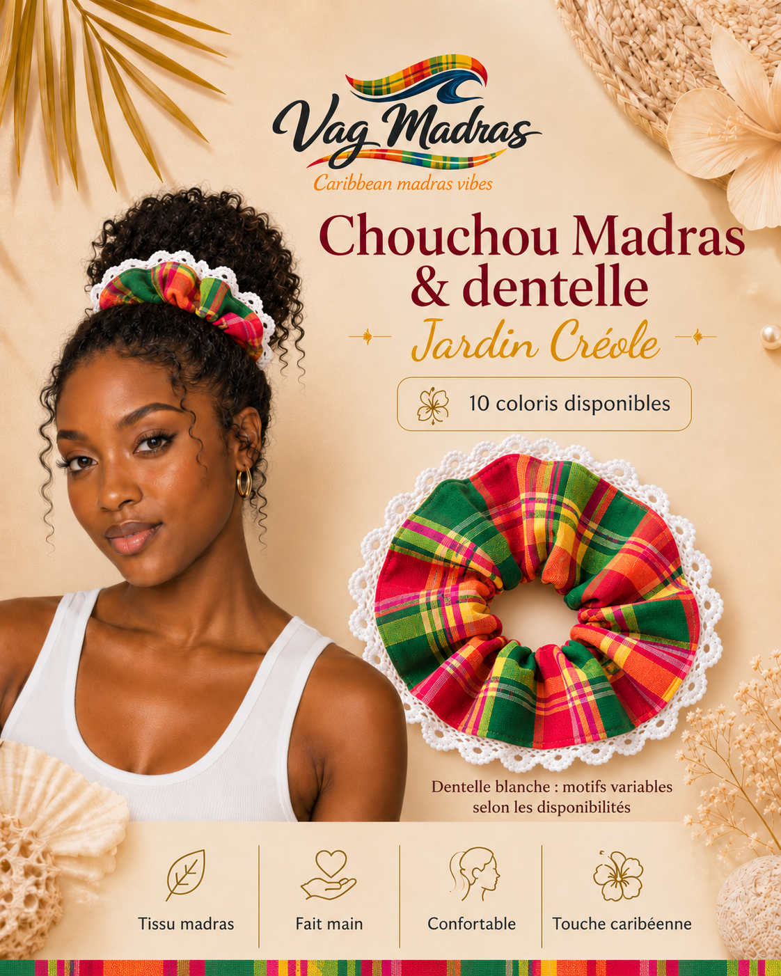 Chouchou madras et dentelle blanche Jardin Créole – Vag Madras