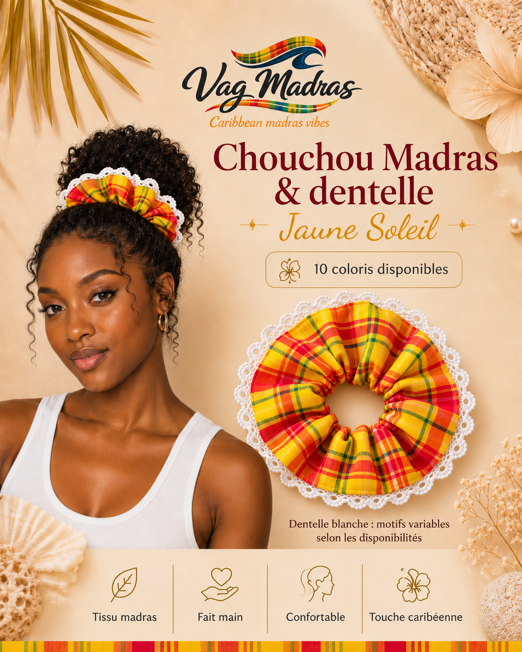 Chouchou madras et dentelle blanche Jaune Soleil – Vag Madras