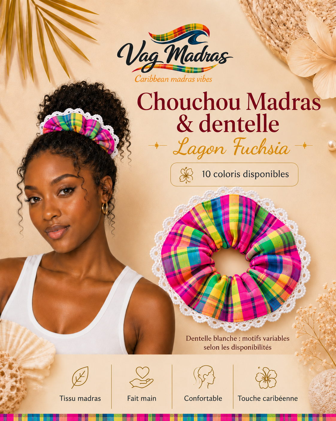 Chouchou madras et dentelle blanche Lagon Fuchsia – Vag Madras