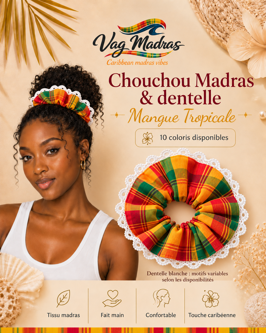 Chouchou madras et dentelle blanche Mangue Tropicale – Vag Madras