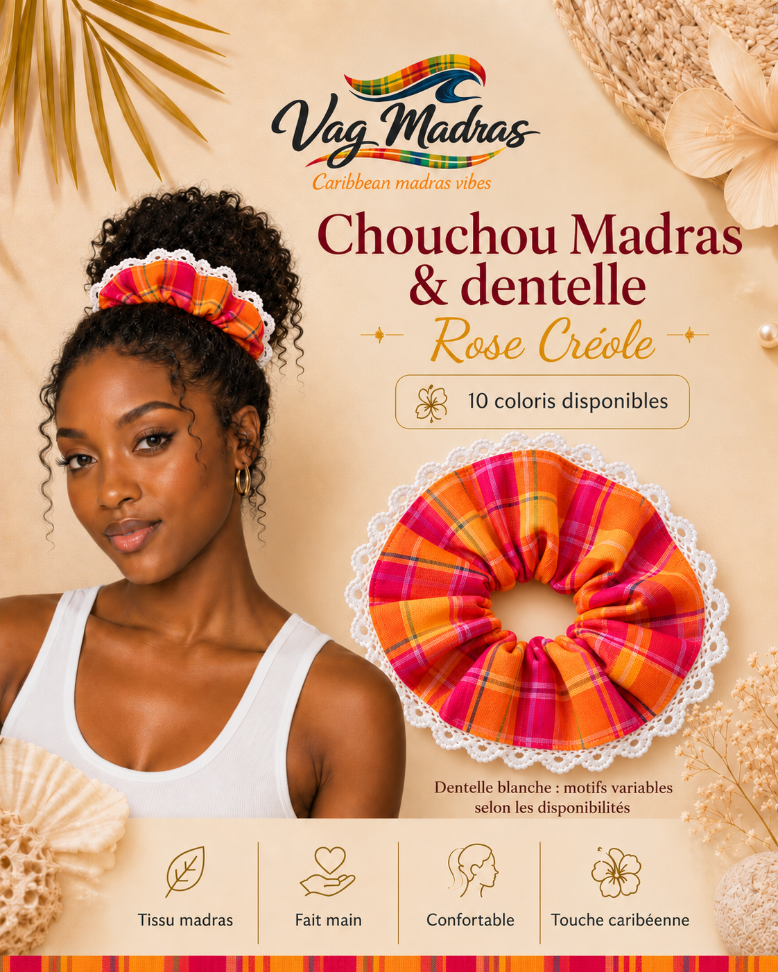 Chouchou madras et dentelle blanche Rose Créole – Vag Madras