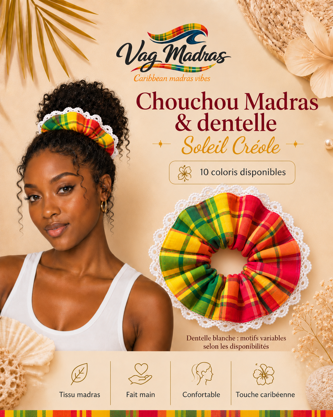 Chouchou madras et dentelle blanche Soleil Créole – Vag Madras