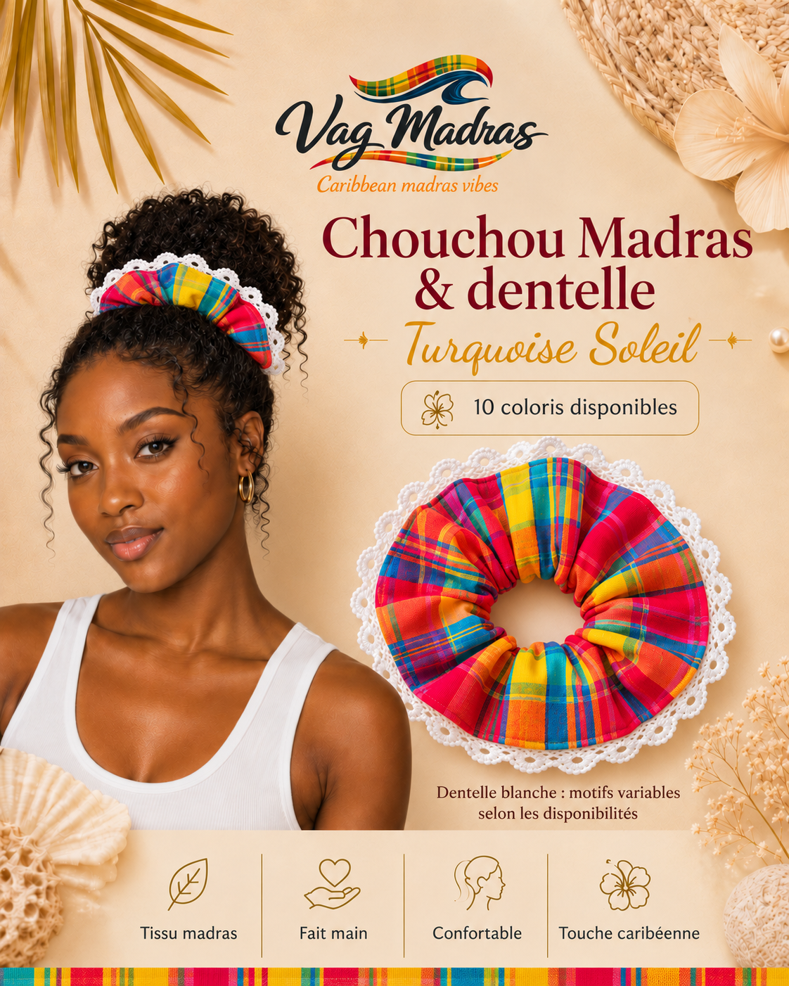 Chouchou madras et dentelle blanche Turquoise Soleil – Vag Madras