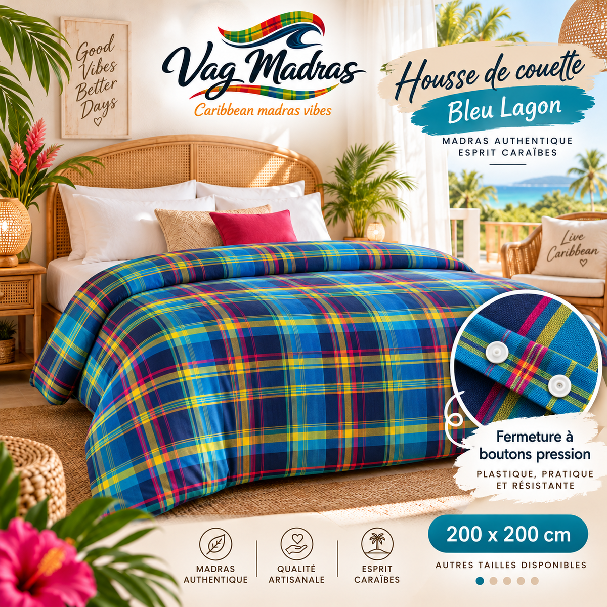 Housse de couette en madras Bleu Lagon, fermeture à pressions plastique, logo Vag Madras.