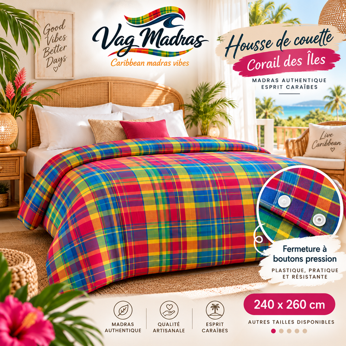Housse de couette en madras Corail des Îles, fermeture à pressions plastique, logo Vag Madras.