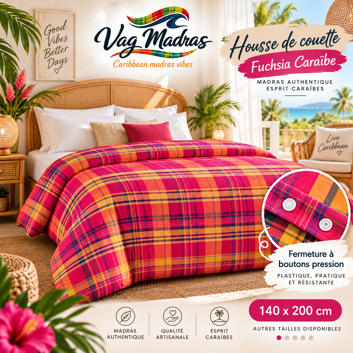 Housse de couette en madras Fuchsia Caraïbe, fermeture à pressions plastique, logo Vag Madras.