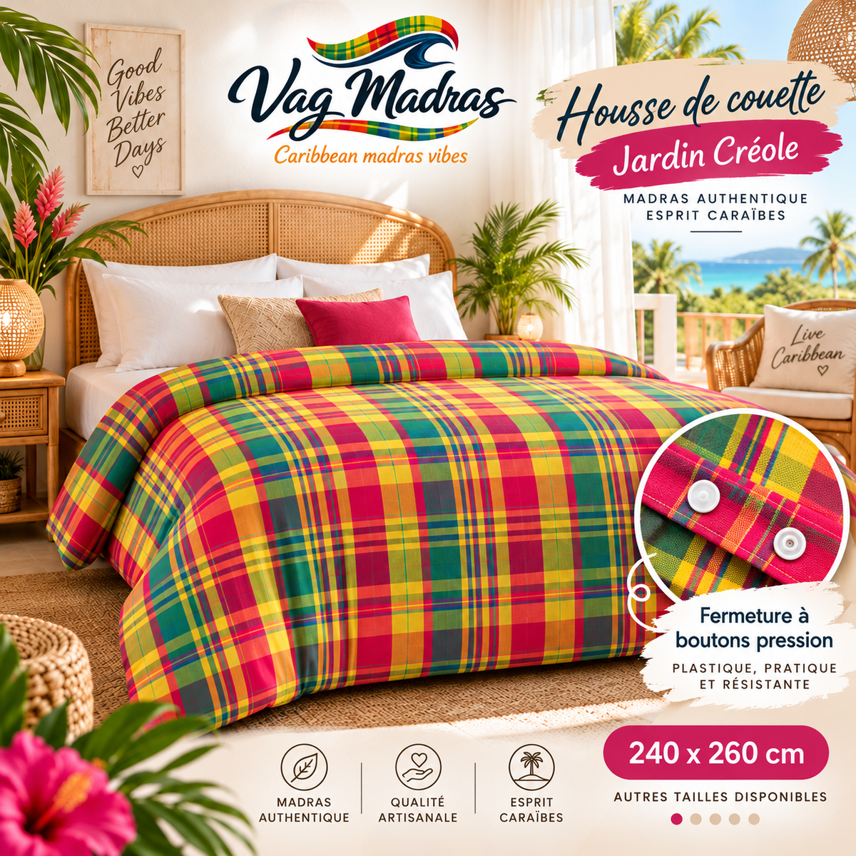Housse de couette en madras Jardin Créole, fermeture à pressions plastique, logo Vag Madras.