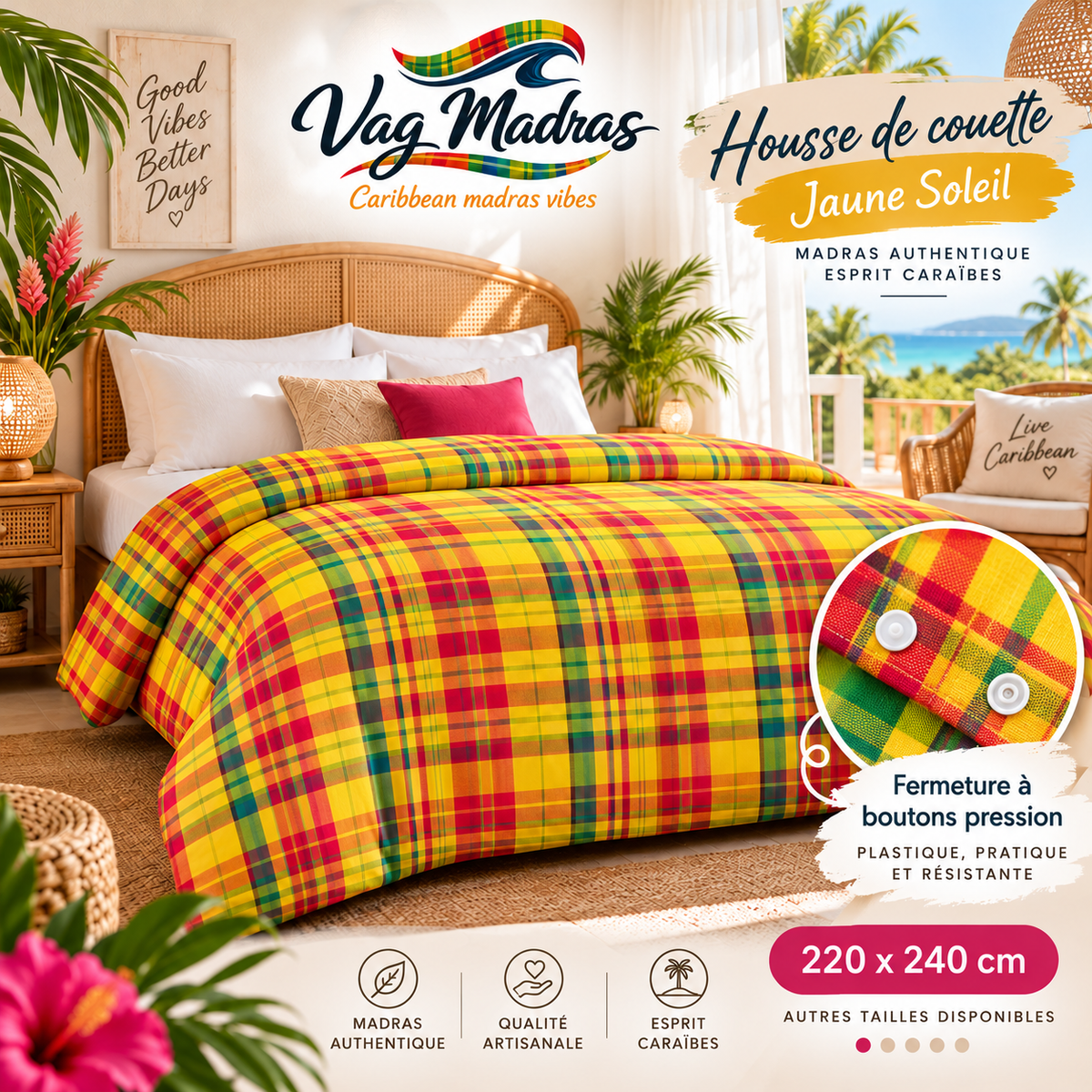 Housse de couette en madras Jaune Soleil, fermeture à pressions plastique, logo Vag Madras.