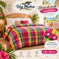 Housse de couette en madras Lagon Fuchsia, fermeture à pressions plastique, logo Vag Madras.