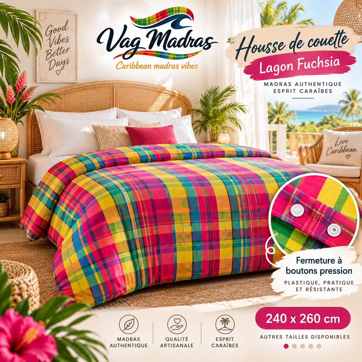 Housse de couette en madras Lagon Fuchsia, fermeture à pressions plastique, logo Vag Madras.
