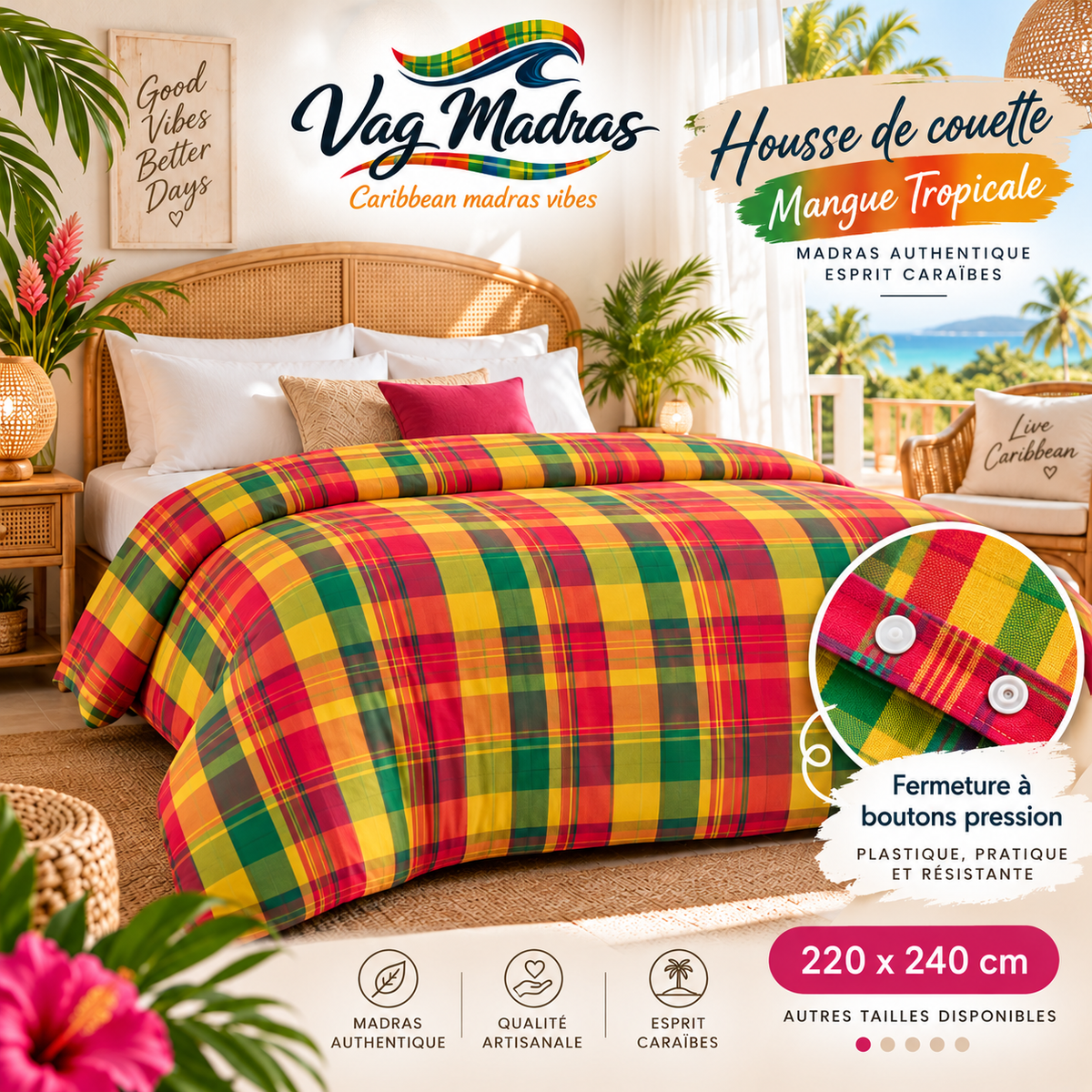 Housse de couette en madras Mangue Tropicale, fermeture à pressions plastique, logo Vag Madras.