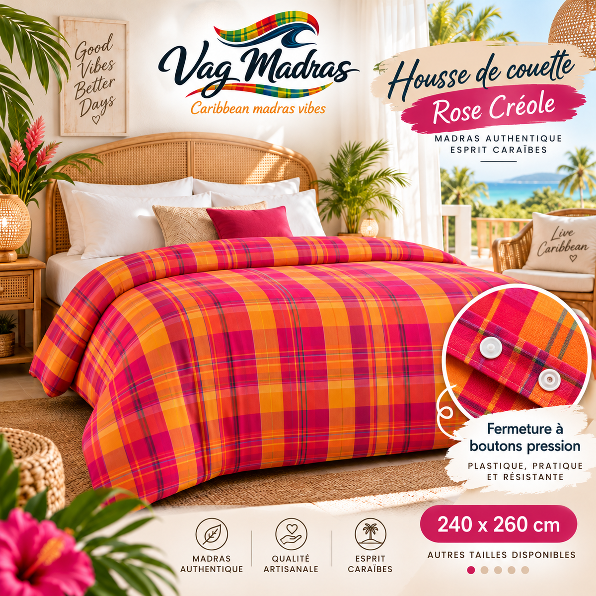 Housse de couette en madras Rose Créole, fermeture à pressions plastique, logo Vag Madras.