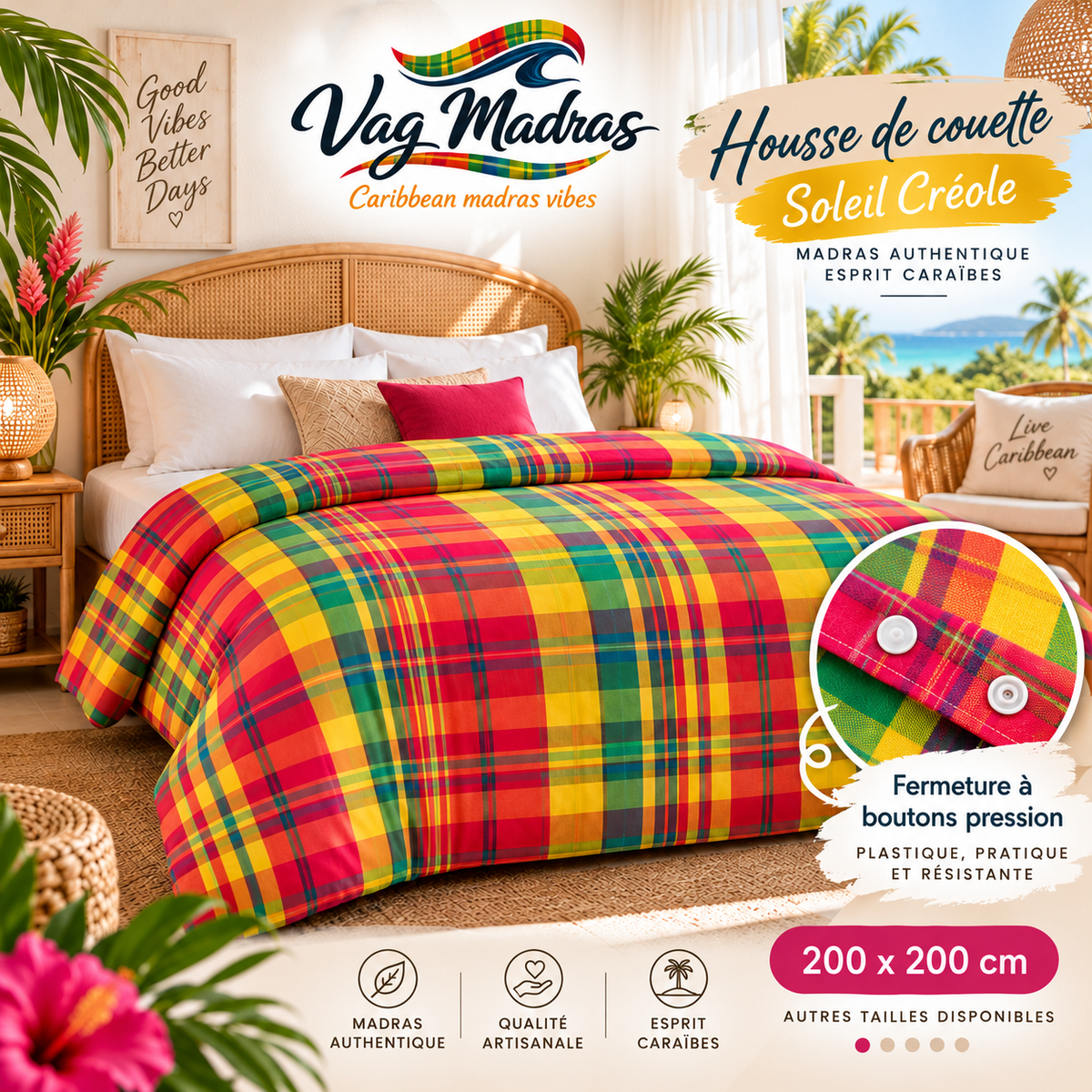 Housse de couette en madras Soleil Créole, fermeture à pressions plastique, logo Vag Madras.