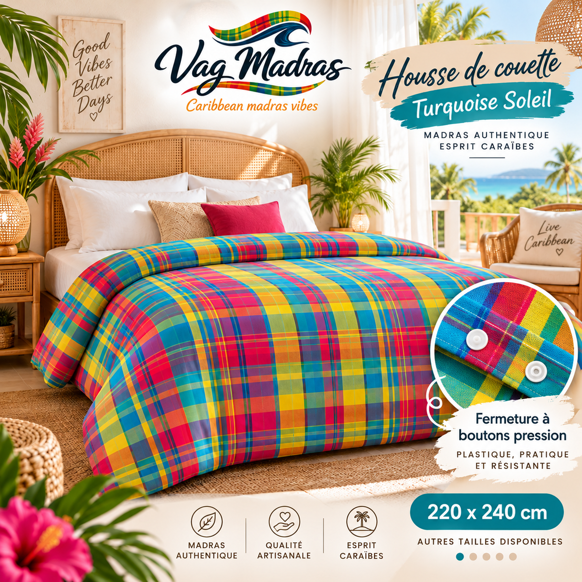 Housse de couette en madras Turquoise Soleil, fermeture à pressions plastique, logo Vag Madras.