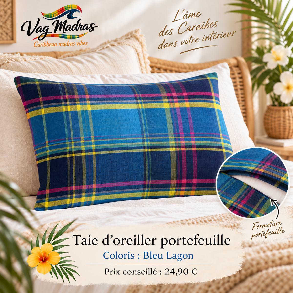 Taie d’oreiller portefeuille en tissu madras, coloris Bleu Lagon – Vag Madras