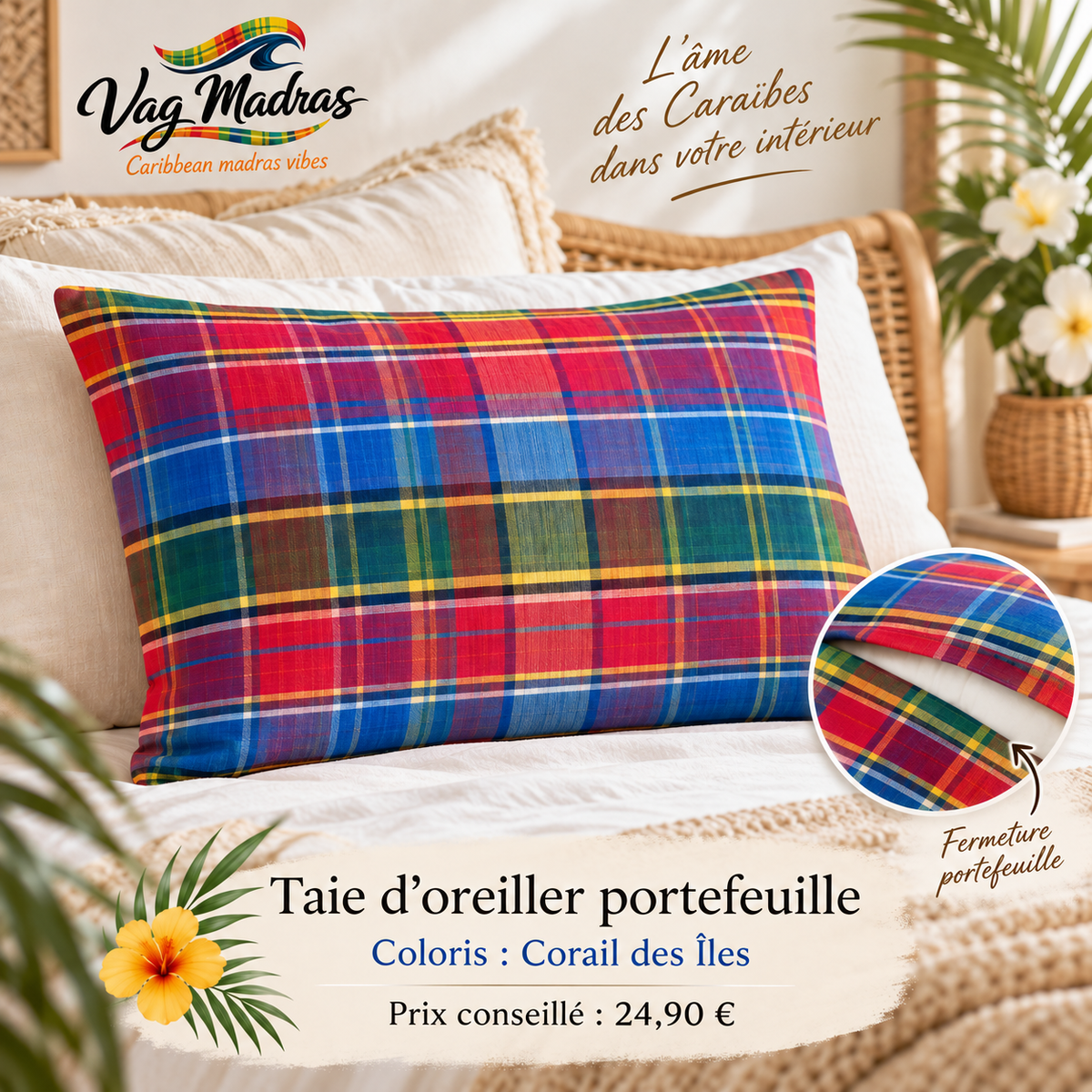 Taie d’oreiller portefeuille en tissu madras, coloris Corail des Îles – Vag Madras