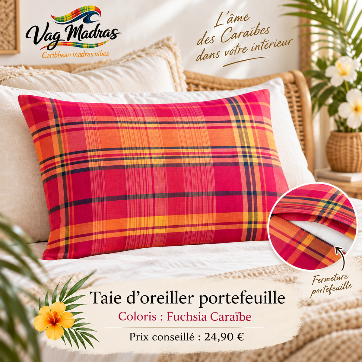 Taie d’oreiller portefeuille en tissu madras, coloris Fuchsia Caraïbe – Vag Madras