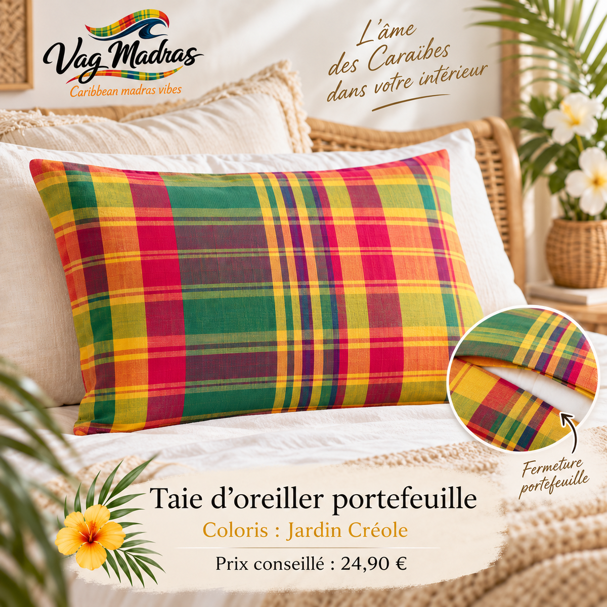 Taie d’oreiller portefeuille en tissu madras, coloris Jardin Créole – Vag Madras